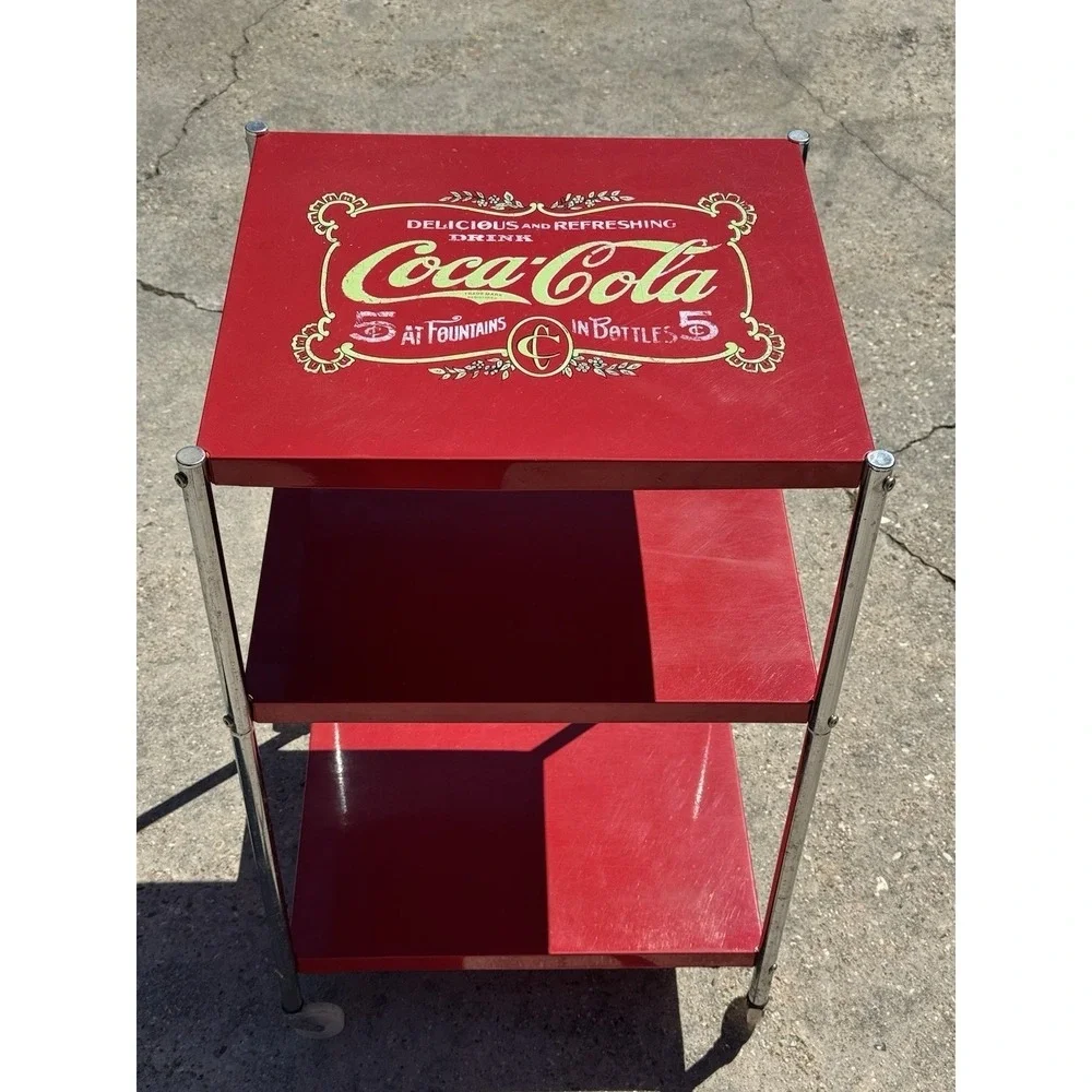 Vintage Coca-Cola 3 Tier Metal Rolling‎ Cart Serving Stand Retro Soda Rack
